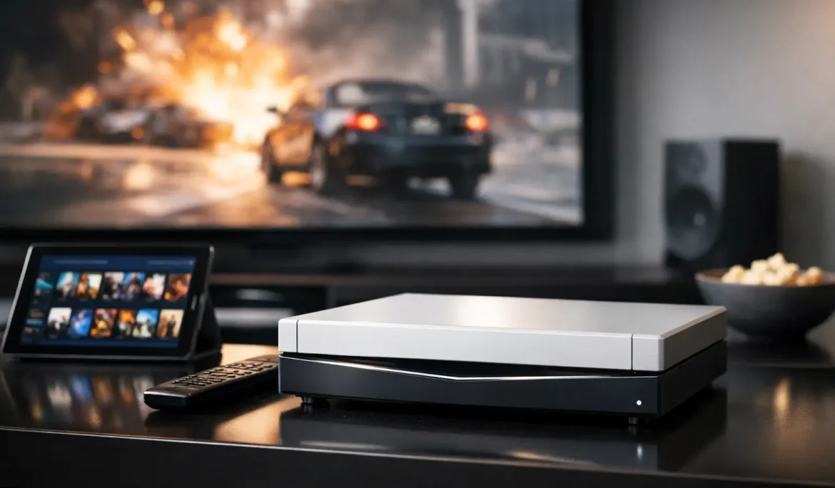 Sleek entertainment setup on a glossy table: a white-and-black gaming console, remote, and a tablet displaying thumbnails, with popcorn and a large blurred TV screen showing a car explosion in the background.