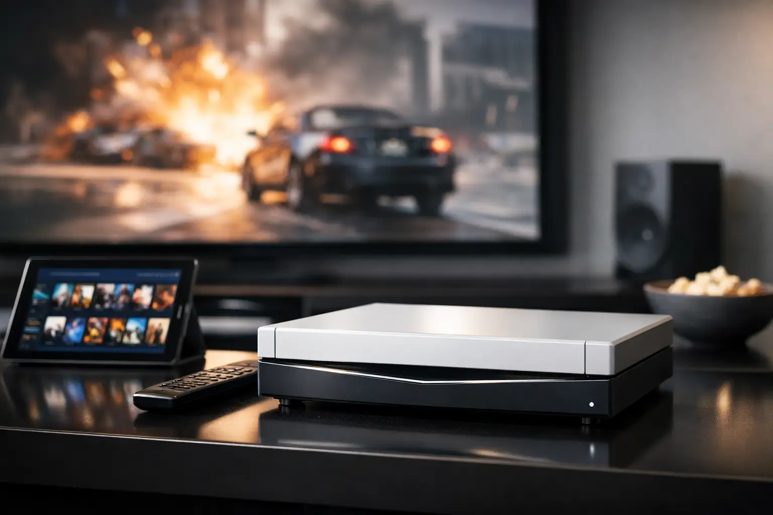 Sleek entertainment setup on a glossy table: a white-and-black gaming console, remote, and a tablet displaying thumbnails, with popcorn and a large blurred TV screen showing a car explosion in the background.