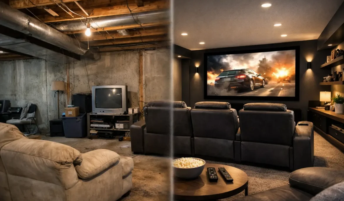 Basement Theater Makeover Before and After