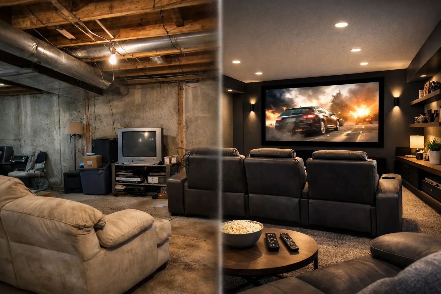 Basement Theater Makeover Before and After